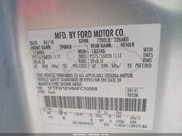 Продажа на аукционе авто 2010 Ford F-150 Fx4/harley-davidson/king Ranch/lariat/platinum/xl/xlt, vin: 1FTFW1EV6AFC10068, номер лота: 46164411