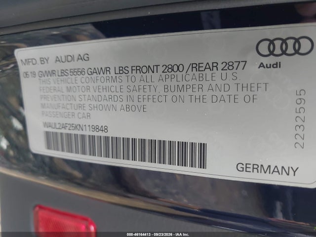 46164413 :رقم المزاد ، WAUL2AF25KN119848 vin ، 2019 Audi A6 55 Premium مزاد بيع