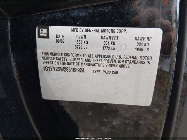 Aukcja sprzedaży 2008 Chevrolet Corvette, vin: 1G1YY25W285108924, numer aukcji: 46164432
