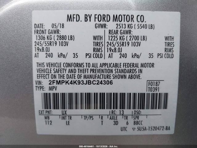 46164461 :رقم المزاد ، 2FMPK4K93JBC24306 vin ، 2018 Ford Edge Titanium مزاد بيع