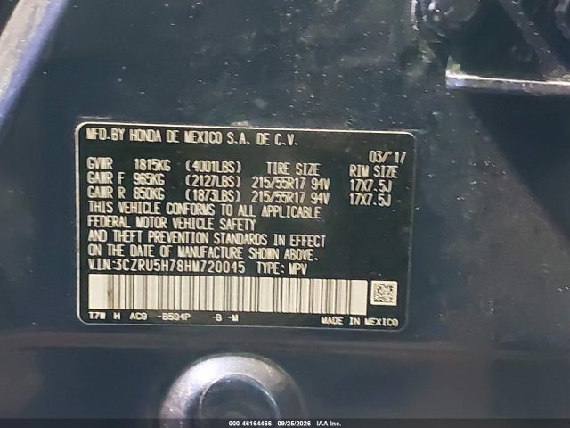 46164466 :رقم المزاد ، 3CZRU5H78HM720045 vin ، 2017 Honda Hr-v Ex-l مزاد بيع