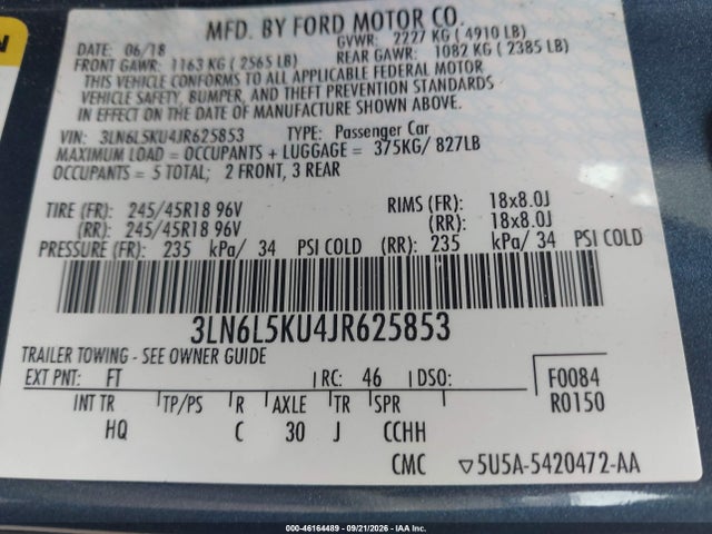 2018 Lincoln Mkz Hybrid Premiere მანქანა იყიდება აუქციონზე, vin: 3LN6L5KU4JR625853, აუქციონის ნომერი: 46164489