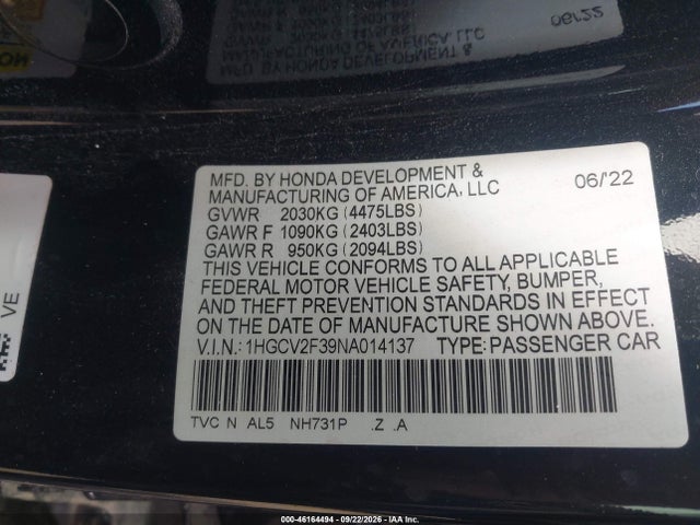 Aukcja sprzedaży 2022 Honda Accord Sport 2.0t, vin: 1HGCV2F39NA014137, numer aukcji: 46164494