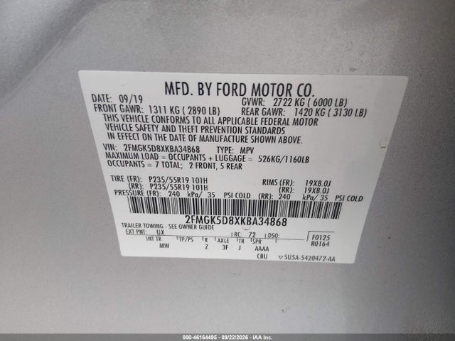 2019 Ford Flex Limited მანქანა იყიდება აუქციონზე, vin: 2FMGK5D8XKBA34868, აუქციონის ნომერი: 46164495