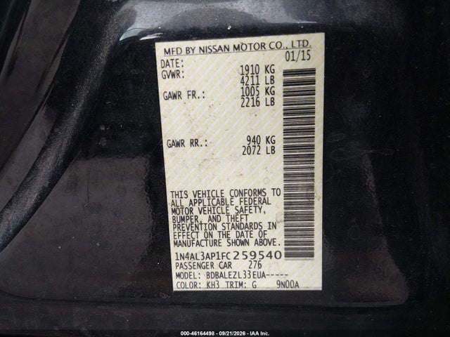 Продаж на аукціоні авто 2015 Nissan Altima 2.5/2.5 S/2.5 Sl/2.5 Sv, vin: 1N4AL3AP1FC259540, номер лоту: 46164498