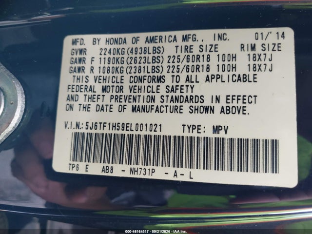 46164517 :رقم المزاد ، 5J6TF1H59EL001021 vin ، 2014 Honda Crosstour Ex-l V6 مزاد بيع