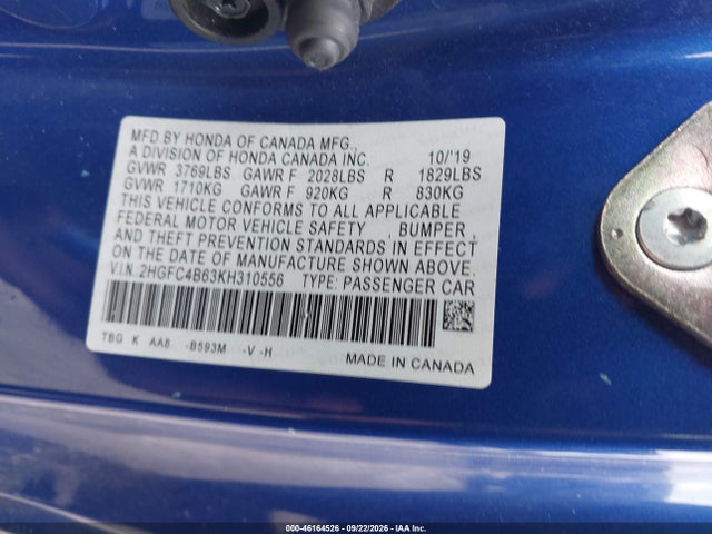 Aukcja sprzedaży 2019 Honda Civic Lx, vin: 2HGFC4B63KH310556, numer aukcji: 46164526