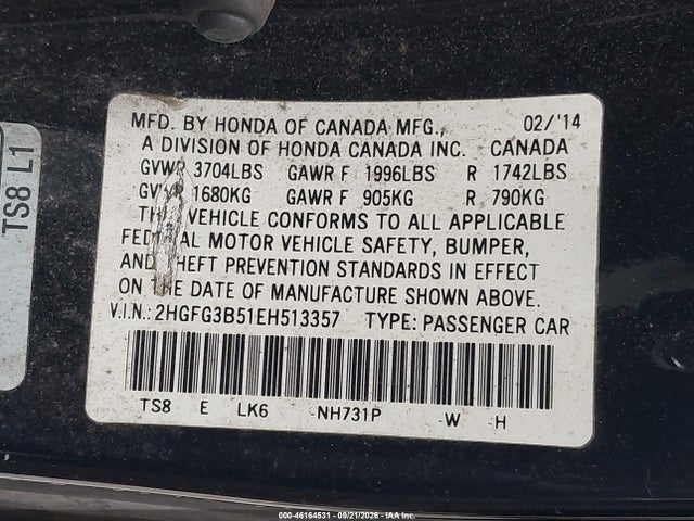 Aukcja sprzedaży 2014 Honda Civic Lx, vin: 2HGFG3B51EH513357, numer aukcji: 46164531