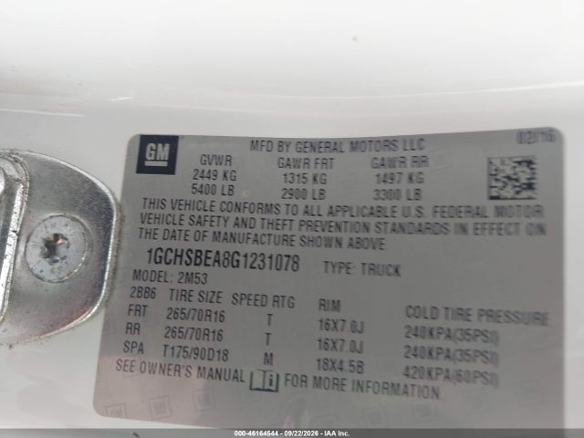 Продажа на аукционе авто 2016 Chevrolet Colorado Wt, vin: 1GCHSBEA8G1231078, номер лота: 46164544