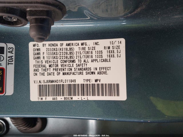 46164545 :رقم المزاد ، 5J6RM4H31FL011849 vin ، 2015 Honda Cr-v Lx مزاد بيع