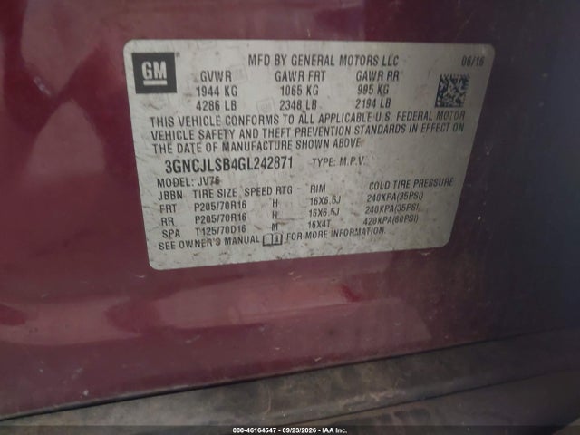 Продаж на аукціоні авто 2016 Chevrolet Trax Lt, vin: 3GNCJLSB4GL242871, номер лоту: 46164547