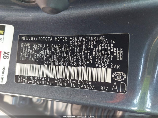 Aukcja sprzedaży 2015 Toyota Corolla L, vin: 2T1BURHEXFC289288, numer aukcji: 46164556