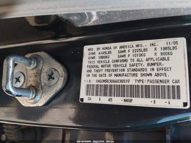 46164568 :رقم المزاد ، 1HGCM56306A036517 vin ، 2006 Honda Accord 2.4 Se مزاد بيع