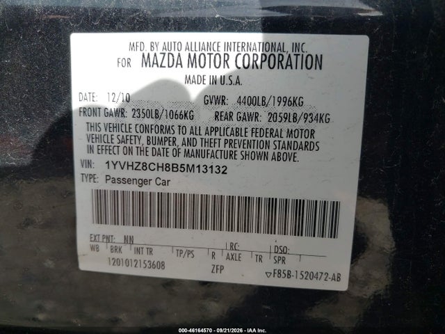 46164570 :رقم المزاد ، 1YVHZ8CH8B5M13132 vin ، 2011 Mazda Mazda6 I Grand Touring مزاد بيع