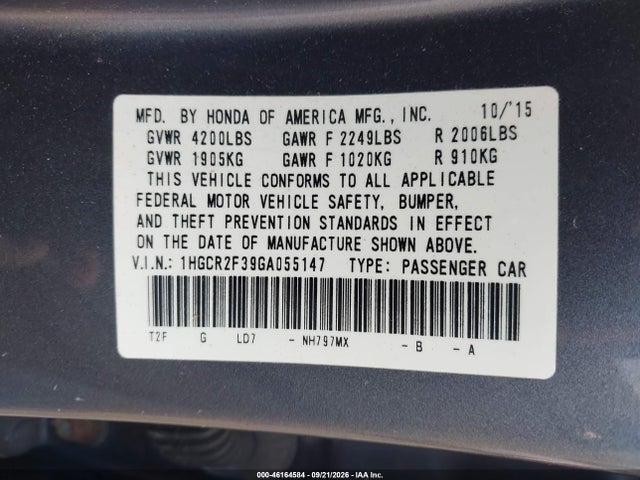 46164584 :رقم المزاد ، 1HGCR2F39GA055147 vin ، 2016 Honda Accord Lx مزاد بيع