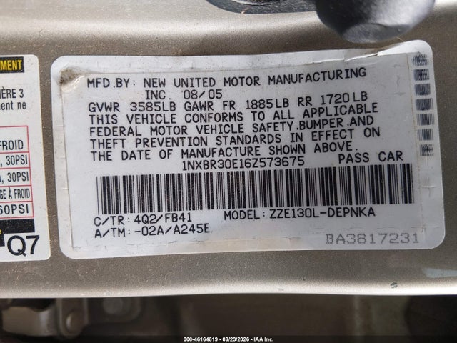 46164619 :رقم المزاد ، 1NXBR30E16Z573675 vin ، 2006 Toyota Corolla Le مزاد بيع