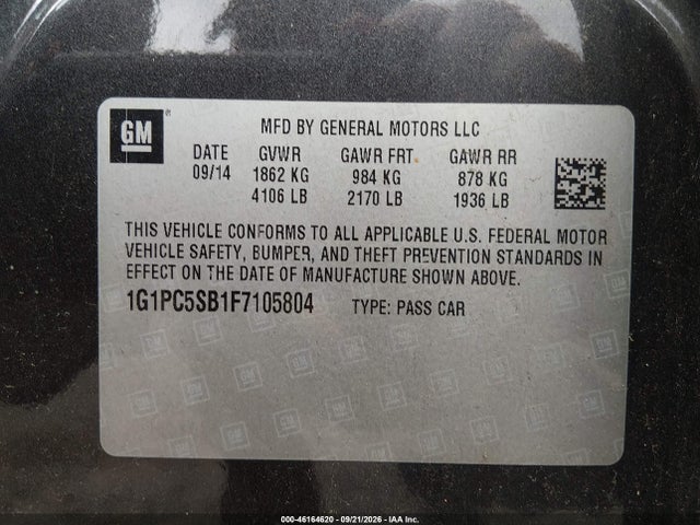 2015 Chevrolet Cruze 1lt Auto მანქანა იყიდება აუქციონზე, vin: 1G1PC5SB1F7105804, აუქციონის ნომერი: 46164620