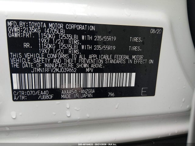46164625 :رقم المزاد ، JTMN1RFV2MJ039862 vin ، 2021 Toyota Rav4 Limited مزاد بيع