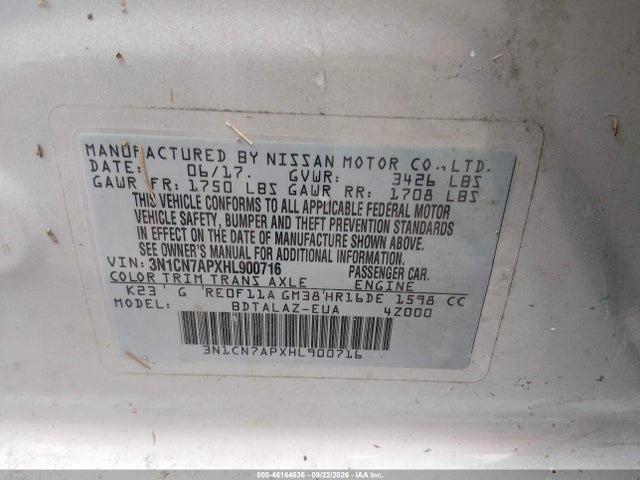 Продаж на аукціоні авто 2017 Nissan Versa 1.6 S+, vin: 3N1CN7APXHL900716, номер лоту: 46164636