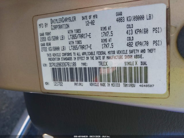 Aukcja sprzedaży 2003 Dodge Ram 2500 Slt/laramie/st, vin: 3D7KU28633G761189, numer aukcji: 46164639