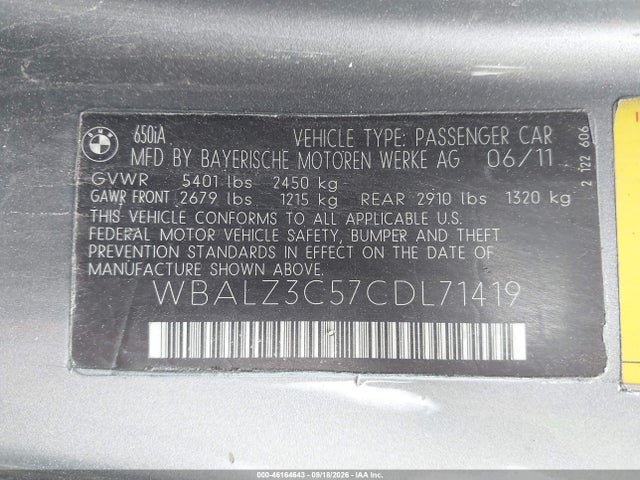 46164643 :رقم المزاد ، WBALZ3C57CDL71419 vin ، 2012 Bmw 650i مزاد بيع