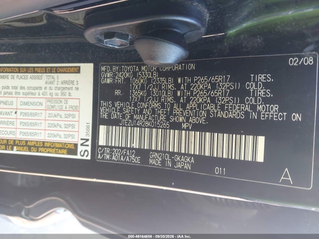 2008 Toyota 4runner Sr5 V6 მანქანა იყიდება აუქციონზე, vin: JTEZU14R28K015265, აუქციონის ნომერი: 46164656
