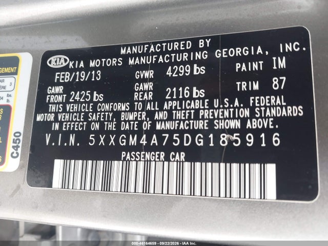 Auction sale of the 2013 Kia Optima Lx, vin: 5XXGM4A75DG185916, lot number: 46164659