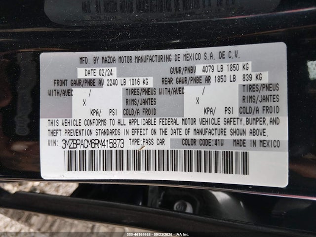 Aukcja sprzedaży 2024 Mazda Mazda3 2.5 S Preferred, vin: 3MZBPACM6RM415873, numer aukcji: 46164668