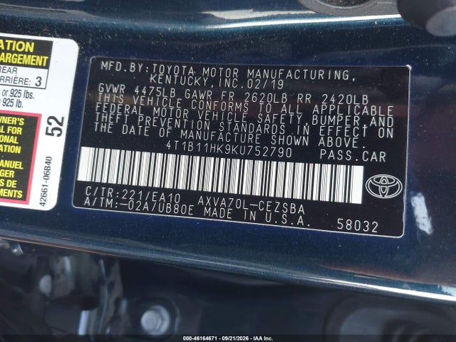 Auction sale of the 2019 Toyota Camry Se, vin: 4T1B11HK9KU752790, lot number: 46164671