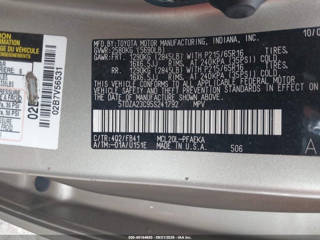 Продажа на аукционе авто 2005 Toyota Sienna Le, vin: 5TDZA23C95S241792, номер лота: 46164680