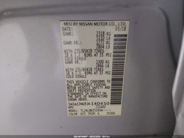 Продажа на аукционе авто 2018 Nissan Murano Sv, vin: 5N1AZ2MG9JN140450, номер лота: 46164697