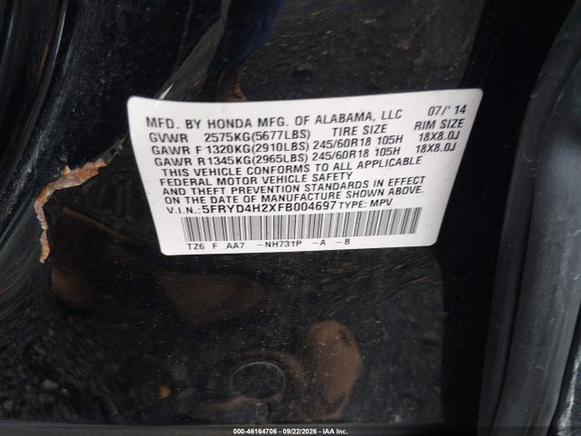 46164706 :رقم المزاد ، 5FRYD4H2XFB004697 vin ، 2015 Acura Mdx مزاد بيع
