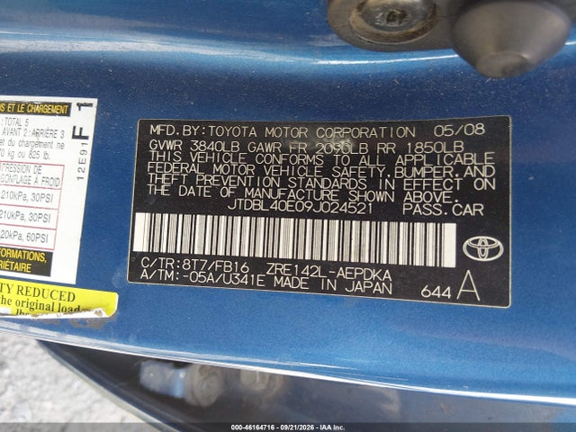 46164716 :رقم المزاد ، JTDBL40E09J024521 vin ، 2009 Toyota Corolla مزاد بيع