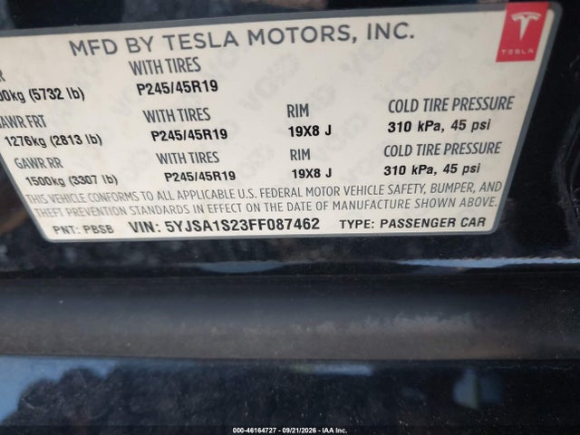 Продаж на аукціоні авто 2015 Tesla Model S 70d/85d/p85d, vin: 5YJSA1S23FF087462, номер лоту: 46164727