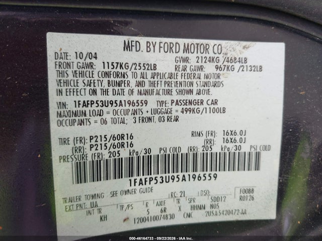 46164733 :رقم المزاد ، 1FAFP53U95A196559 vin ، 2005 Ford Taurus Se مزاد بيع