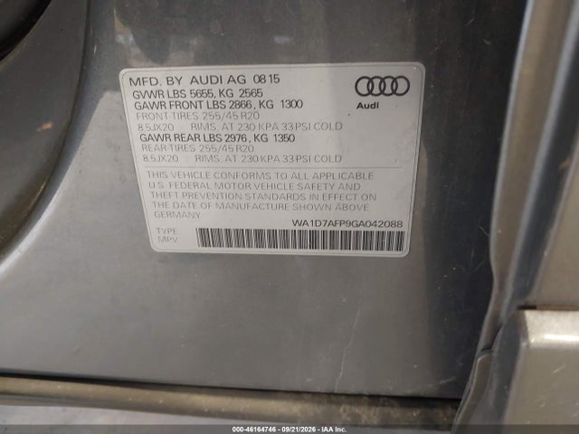 2016 Audi Q5 3.0t Premium Plus მანქანა იყიდება აუქციონზე, vin: WA1D7AFP9GA042088, აუქციონის ნომერი: 46164746