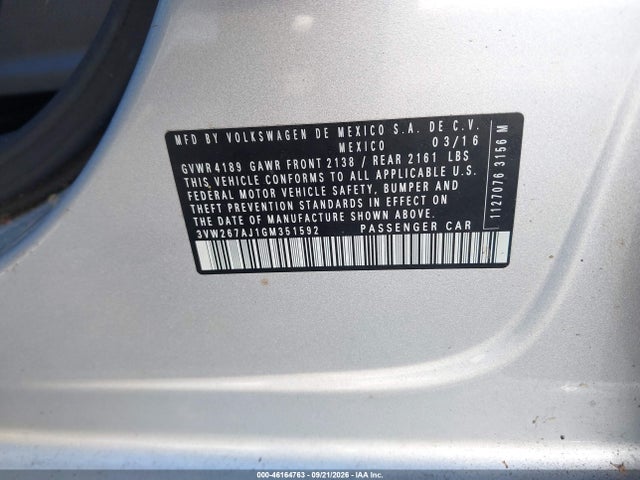2016 Volkswagen Jetta 1.4t S მანქანა იყიდება აუქციონზე, vin: 3VW267AJ1GM351592, აუქციონის ნომერი: 46164763