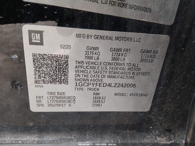 46164771 :رقم المزاد ، 1GCPYFED4LZ242005 vin ، 2020 Chevrolet Silverado 1500 مزاد بيع