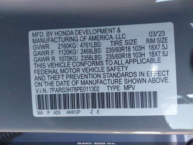 46164781 :رقم المزاد ، 7FARS3H78PE011302 vin ، 2023 Honda Cr-v Ex-l 2wd مزاد بيع