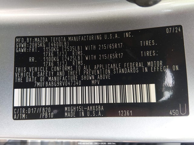 46164789 :رقم المزاد ، 7MUFBABG9RV047340 vin ، 2024 Toyota Corolla Cross Hybrid Se مزاد بيع