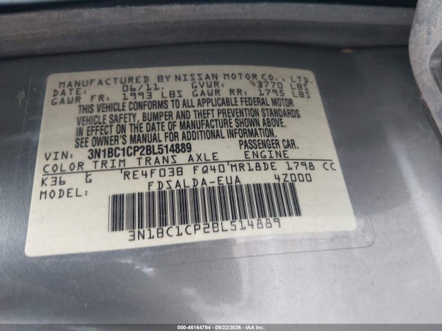 2011 Nissan Versa 1.8s მანქანა იყიდება აუქციონზე, vin: 3N1BC1CP2BL514889, აუქციონის ნომერი: 46164794