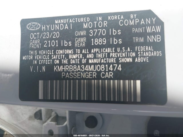 46164801 :رقم المزاد ، KMHRB8A34MU081474 vin ، 2021 Hyundai Venue Se مزاد بيع