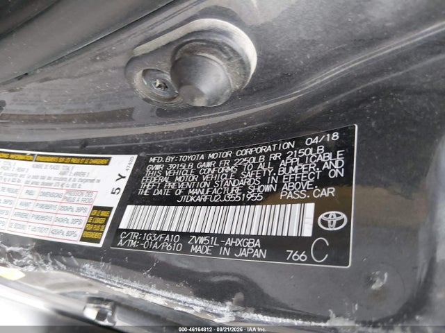 46164812 :رقم المزاد ، JTDKARFU2J3551955 vin ، 2018 Toyota Prius Three مزاد بيع