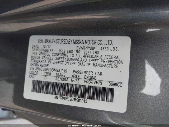 2013 Infiniti G37x მანქანა იყიდება აუქციონზე, vin: JN1CV6EL9DM981015, აუქციონის ნომერი: 46164843