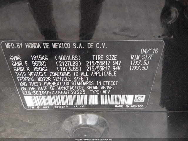 Aukcja sprzedaży 2016 Honda Hr-v Lx, vin: 3CZRU5G39GM738325, numer aukcji: 46164864