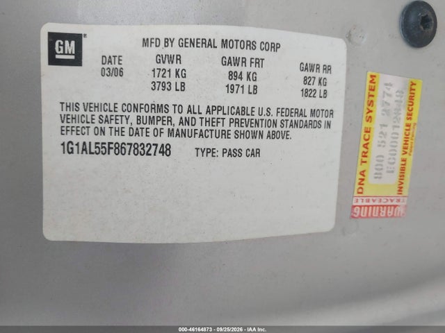 Продаж на аукціоні авто 2006 Chevrolet Cobalt Lt, vin: 1G1AL55F867832748, номер лоту: 46164873