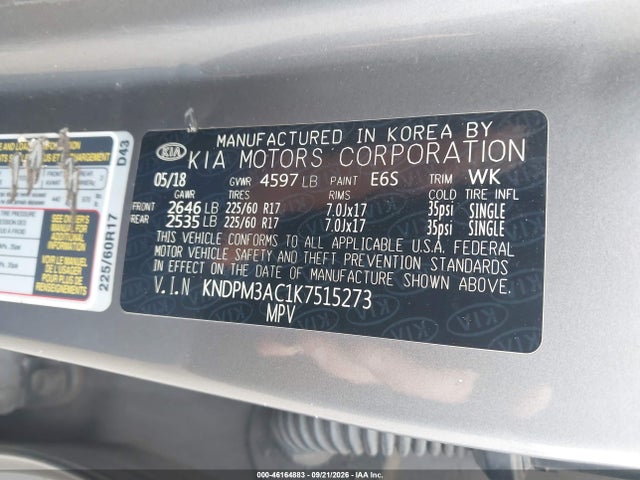 2019 Kia Sportage Lx მანქანა იყიდება აუქციონზე, vin: KNDPM3AC1K7515273, აუქციონის ნომერი: 46164883