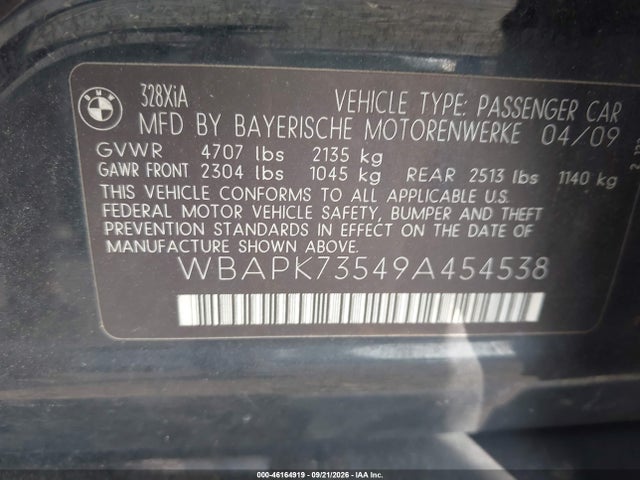 Продажа на аукционе авто 2009 Bmw 328i Xdrive, vin: WBAPK73549A454538, номер лота: 46164919