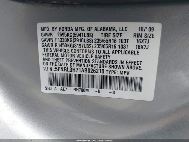 Продажа на аукционе авто 2010 Honda Odyssey Ex-l, vin: 5FNRL3H71AB026210, номер лота: 46164934