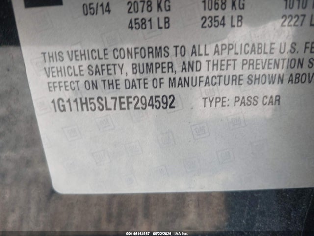 46164957 :رقم المزاد ، 1G11H5SL7EF294592 vin ، 2014 Chevrolet Malibu 1lz مزاد بيع